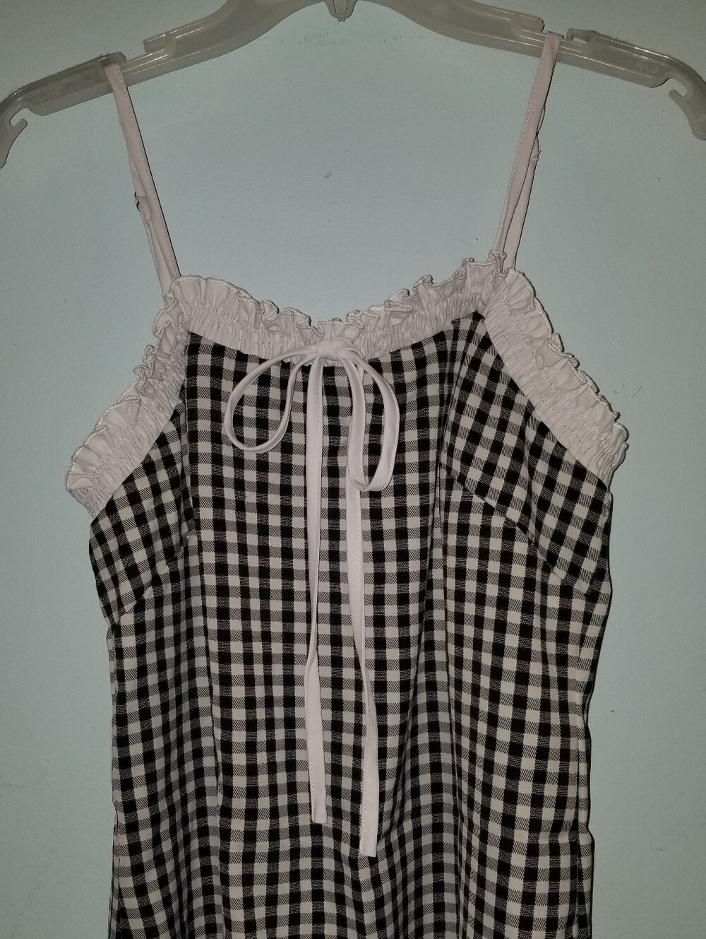 Black White Gingham Sundress Ruffle Trim adjustable spaghetti strap